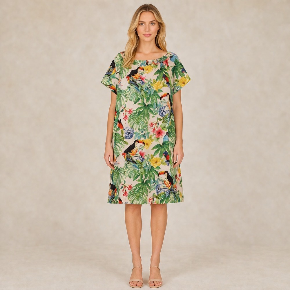 Soft Surroundings Exotic Tropical Botanical Dress Birds Floral Resort Toucan SZL